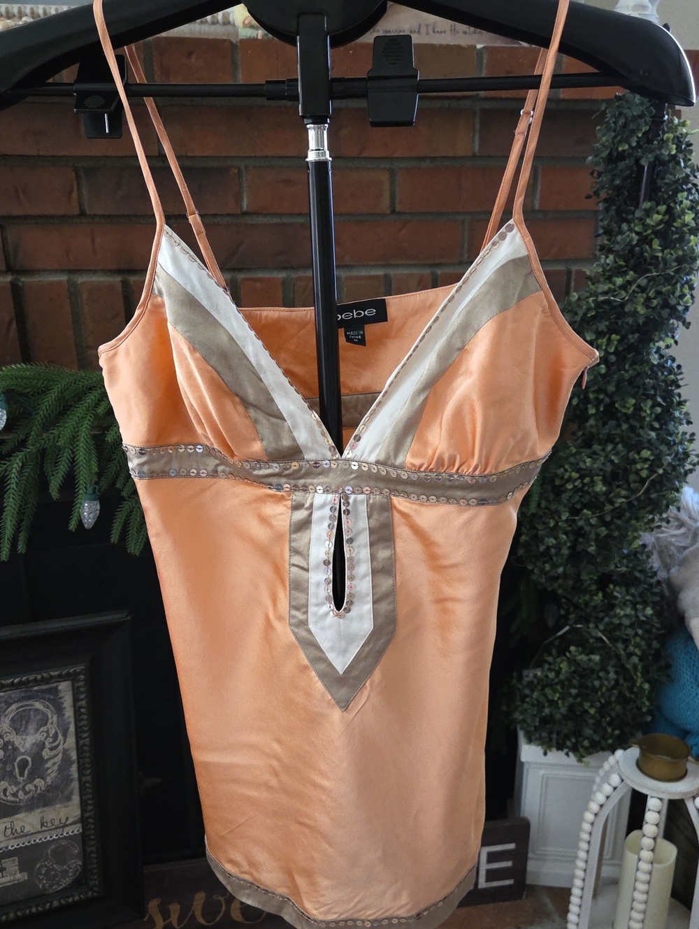 Authentic vintage Y2k Bebe Peach Satin Slip Top with Sequins Cream and Tan Trim